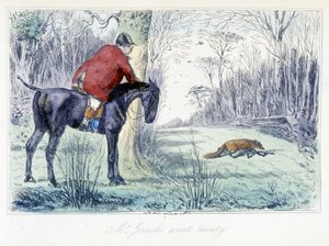 Reitszene bei der Jagd. Englische Karikatur über die Fuchsjagd aus den "Abenteuern von Thomas Scott oder Hawbuck Grange", Illustration von H.K. Browne und W.T. Maud. von Hablot Knight Browne