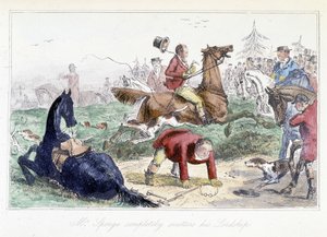 Jäger fällt von seinem Pferd. Englische Karikatur aus den „Abenteuern von Thomas Scott oder Hawbuck Grange“, Illustration von H.K. Browne und W.T. Maud.
