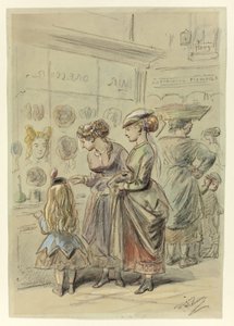 Zwei Damen und ein kleines Mädchen vor dem Friseurladen von Hablot Knight Browne