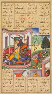 Isfandiyar tötet Arjasp, den König von Turan, aus einem Shah-nama Buch der Könige von Firdausi..., 1600-16 von Haidar Kashmiri
