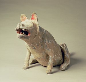 Frühe chinesische Keramikfigur eines sitzenden Hundes, Grabbeigabe, Han-Dynastie, 206 v. Chr.-220 n. Chr.