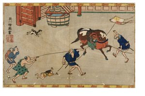 Pferd erschreckt durch Drachen, ca. 1830-1839 (Holzschnitt auf Papier) von Hanabusa Itcho