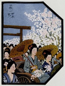 Frauen mit Regenschirmen in einer Rikscha in Japan - in „Japanische Puppen“ von Félicien Champsaur, ill. von Hanafusa Itcho