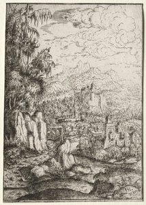 Landschaft mit einer Straße zu einer Burg auf einer Insel in einem Fluss