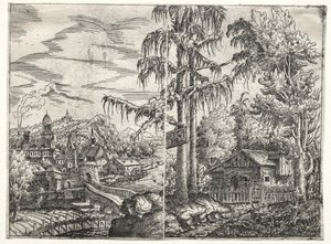 Landschaft mit der Stadt an einem Fluss und dem Häuschen zwischen Bäumen