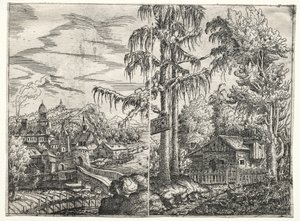 Landschaft mit der Stadt an einem Fluss und dem Häuschen zwischen Bäumen