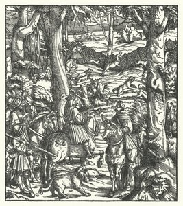 Maximilian I., König der Römer, erhält eine Nachricht während der Jagd von Hans (after) Burgkmair