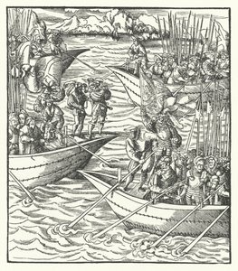 Schiffe mit deutschen und französischen Soldaten vor Livorno, Italien von Hans (after) Burgkmair
