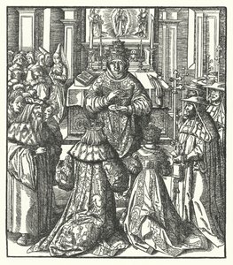 Der Heilige Römische Kaiser Friedrich III. und die Kaiserin Eleonore empfangen die Heilige Kommunion vom Papst von Hans (after) Burgkmair