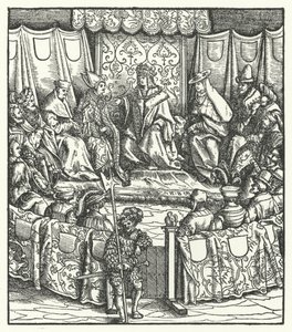 Der Heilige Römische Kaiser Maximilian I. verhandelt mit den Ungarn von Hans (after) Burgkmair