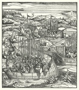 Der Heilige Römische Kaiser Maximilian I. mit seiner Flotte in La Spezia, Italien von Hans (after) Burgkmair