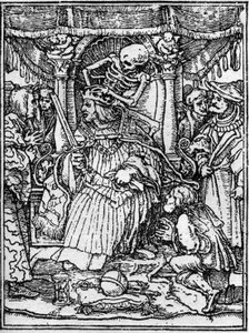 Die Simulakren des Todes von Hans Holbein dem Jüngeren (1497-1543): der Kaiser. Während der Tod dem Kaiser die Krone nimmt, bittet ihn ein Bauer um Gerechtigkeit. Gravur.