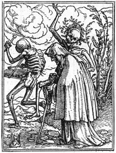 Die Simulakren des Todes von Hans Holbein dem Jüngeren (1497-1543): die Alte. Der Tod begleitet eine alte Dame zu ihrem Schicksal. Gravur.