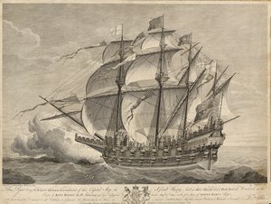 Diese Druckgrafik ist die genaue Darstellung des Kapitalschiffs Great Harry, gebaut in der Werft Seiner Majestät in Woolwich während der Herrschaft von König Heinrich VIII. im Jahr 1514 von Hans (after) Holbein the Younger