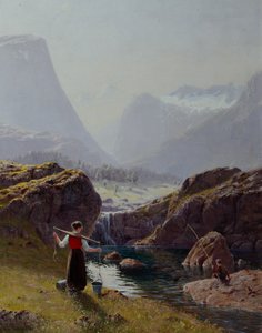 Mädchen mit Wassereimern und Junge beim Angeln