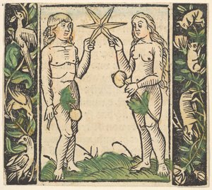 Adam und Eva halten einen Stern, Illustration aus Beschlossen Gart des Rosenkranz Mariae von Hans Baldung