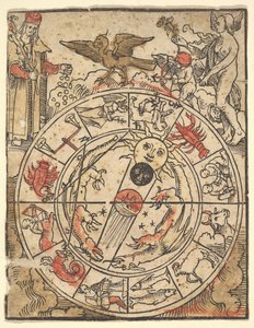 Karte der Tierkreiszeichen mit Venus, Amor und einem Bischofsheiligen