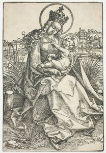 Madonna und Kind auf einer grasbewachsenen Bank von Hans Baldung Grien