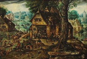 Dorfansicht mit zahlreichem Volk von Hans Bol