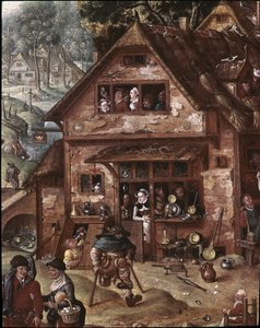 Ansicht des Dorfes mit burlesken Szenen. Detail der Taverne von Hans Bol
