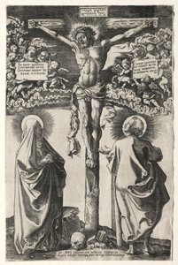 Christus am Kreuz zwischen der Jungfrau und St. Johannes von Hans Brosamer