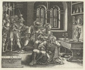 Delila schneidet das Haar des schlafenden Samson, während die Philister warten von Hans Brosamer