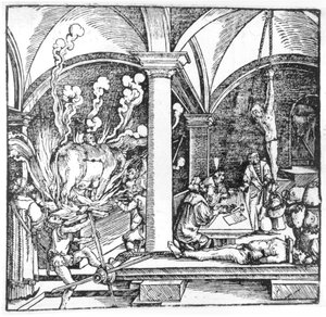 Das Verhör, Illustration aus einem Buch von Cicero Teutsch, Augsburg, 1533 von Hans Burgkmair