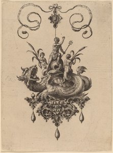 Entwurf für ein Anhänger mit einem Meeresmonster, das Neptun trägt, flankiert von zwei Nereiden