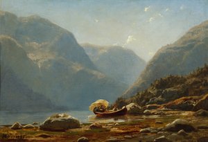 Fjordlandschaft mit Menschen im Ruderboot