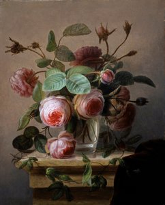 Stillleben mit rosa Rosen in einer Glasvase.