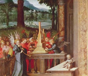 Jungfrau, Kind und Heilige (Detail) der Engel, die Orgel spielen
