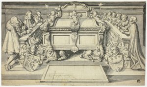 Entwurf für Epitaph: Familienmitglieder knien vor Grabmal