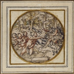 Diana und Actaeon - Entwurf für ein Anhänger oder Hutabzeichen, ca. 1532-43 von Hans Holbein der Jüngere