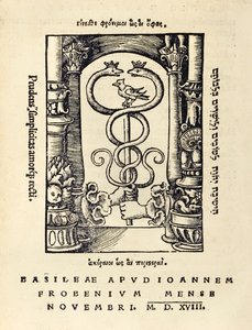 Druckermarke von Johann Frobens, zeigt zwei Hände, die den Hermesstab halten, aus der dritten Ausgabe von 