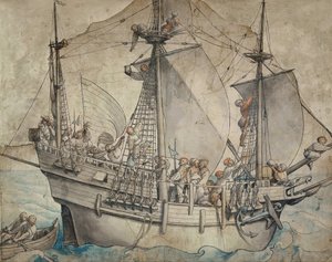 Schiff mit feiernden Seeleuten, Landsknechten und einer Marketenderin