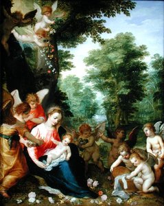 Madonna und Kind mit Engeln in einer Landschaft