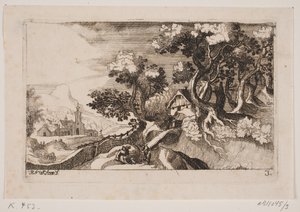Landschaft mit einer Hütte zwischen Bäumen rechts von Hans Jørgen Kirksteen