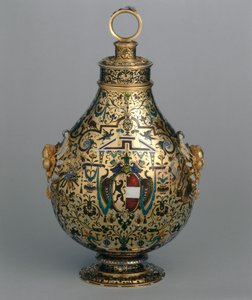 Flakon aus emailliertem Gold, verziert mit grotesken Figuren und dem Wappen des Erzbischofs von Salzburg Wolf Dietrich von Raitenau