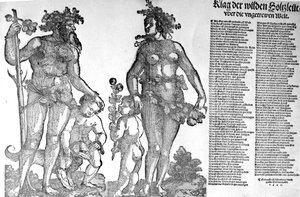 Flugblatt über den Rückzug der wilden Männer aus den Wäldern aus einer Welt, die sich zum Schlechteren verändert hat, Holzschnitt von Hans Guldenmundt, 1545