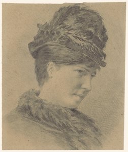Porträt einer jungen Frau mit Hut mit Federn von Hans Makart (possibly)
