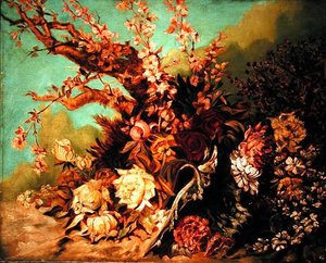 Blumenarrangement mit Blütenzweigen und Pfingstrosen, ca. 1884