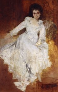Porträt einer Dame in einem weißen Kleid auf einem Sofa liegend von Hans Makart