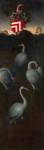 Kraniche mit dem Wappen der Familie Pagagnotti (Rückseite eines Panels eines Triptychons) von Hans Memling