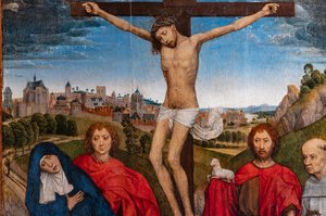 Gekreuzigter Christus mit der Jungfrau, Johannes dem Täufer und dem Evangelisten, Maria Magdalena und zwei Zisterzienseräbten, Detail von Hans Memling