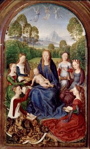 Diptychon von Jean du Cellier: Jungfrau und sechs Heilige von Hans Memling