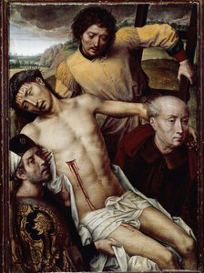 Die Kreuzabnahme. Der Leichnam Jesu Christi wird von drei Männern getragen, darunter Joseph von Arimathäa und Nikodemus. Gemälde von Hans Memling, ca. 1470. Flämische Kunst. Granada, Königliche Kapelle