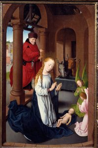 Triptychon der Anbetung der Heiligen Drei Könige. Detail des linken Panels: Die Geburt Christi. Tempera auf Holz von Hans Memling (1433-1494), um 1470. Madrid, Prado Museum von Hans Memling