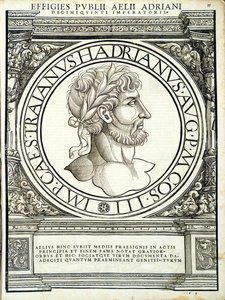 Aelius Hadrianus, Illustration aus Imperatorum romanorum omnium orientalium et occidentalium verissimae imagines ex antiquis numismatis von Hans Rudolf Manuel Deutsch