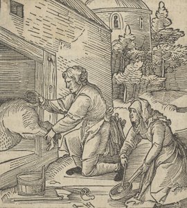 Ein Bauer schlachtet ein Schwein, aus Hymmelwagen auff dem, wer wol lebt..., 1517