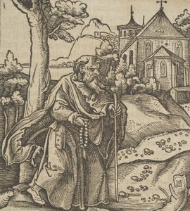 Ein alter Pilger, der nach rechts geht, aus Hymmelwagen auff dem, wer wol lebt..., 1517 von Hans Schäufelein the Elder